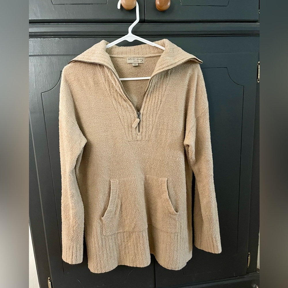 Barefoot Dreams Quarter Zip Sweater, Tan, size Small